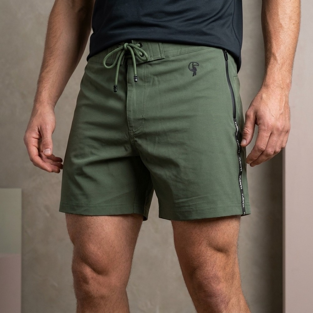 TUCANN Mens L Swim Trunks Olive Green Polyester Athletic Beachwear Lined Shorts